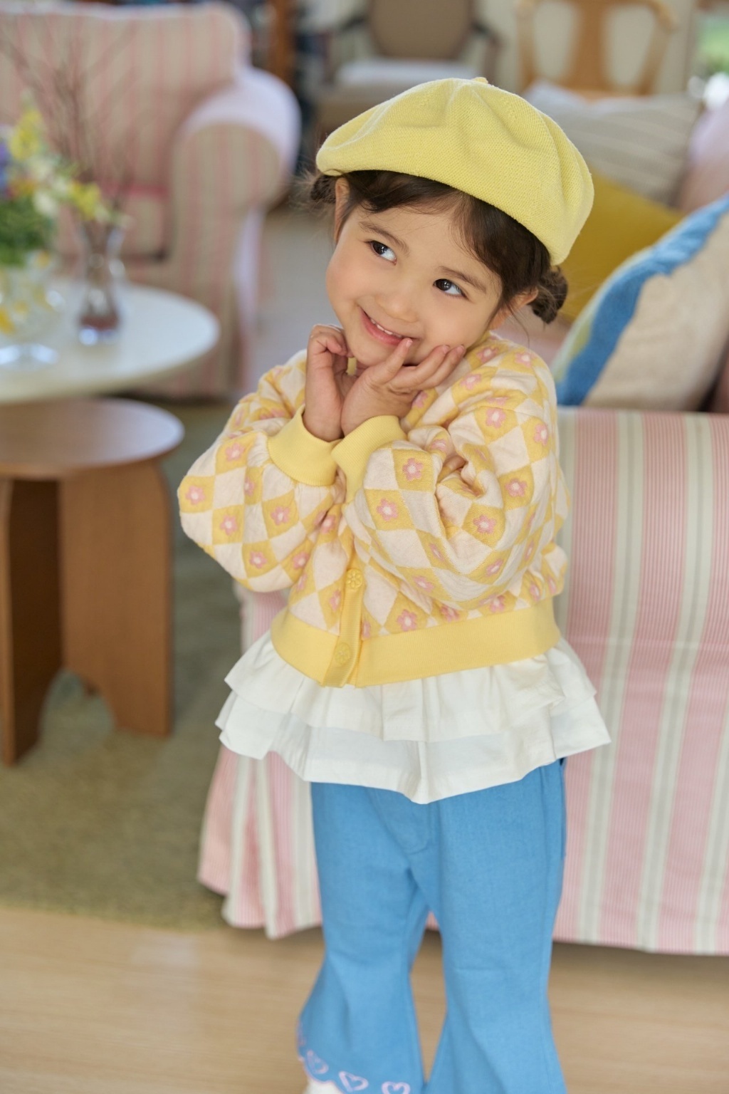 正韓春bbb 兩色花朵菱格紋外套