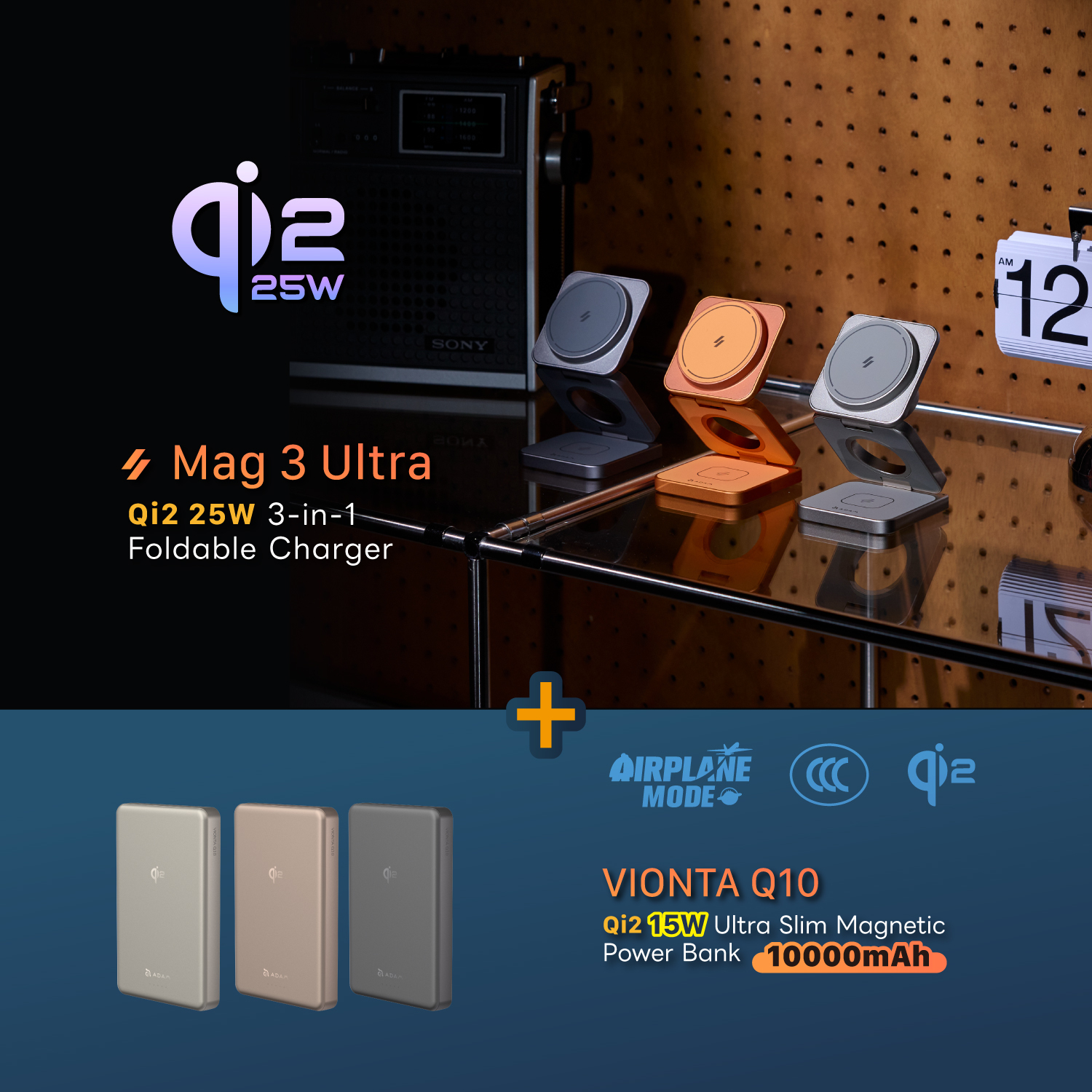 Mag 3 Ultra Qi2 25W 3-in-1 Foldable Charger + VIONTA Q10 Qi2 Ultra Slim Power Bank