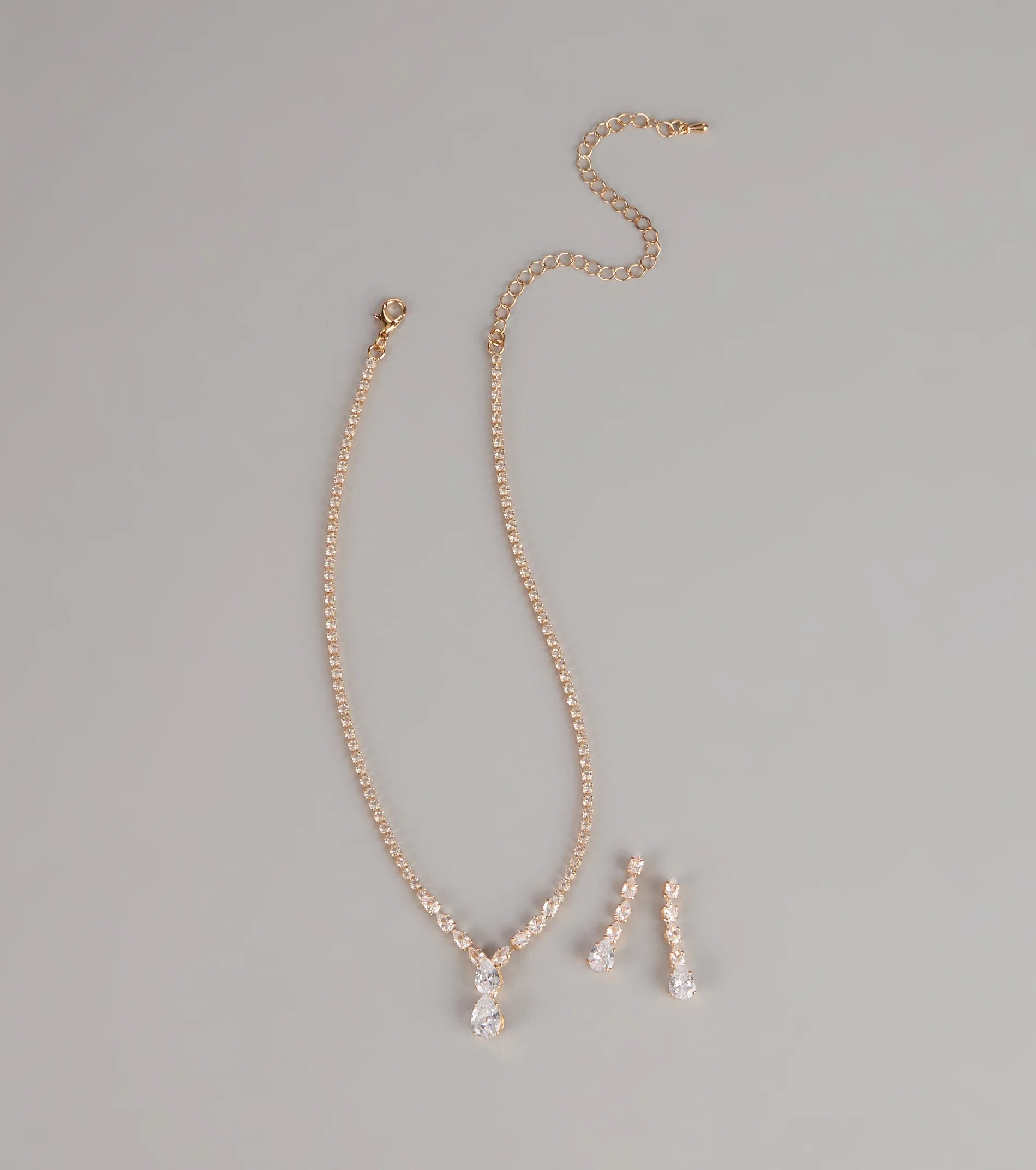 Lux Gold金色水鑽墜飾耳環+項鍊套組