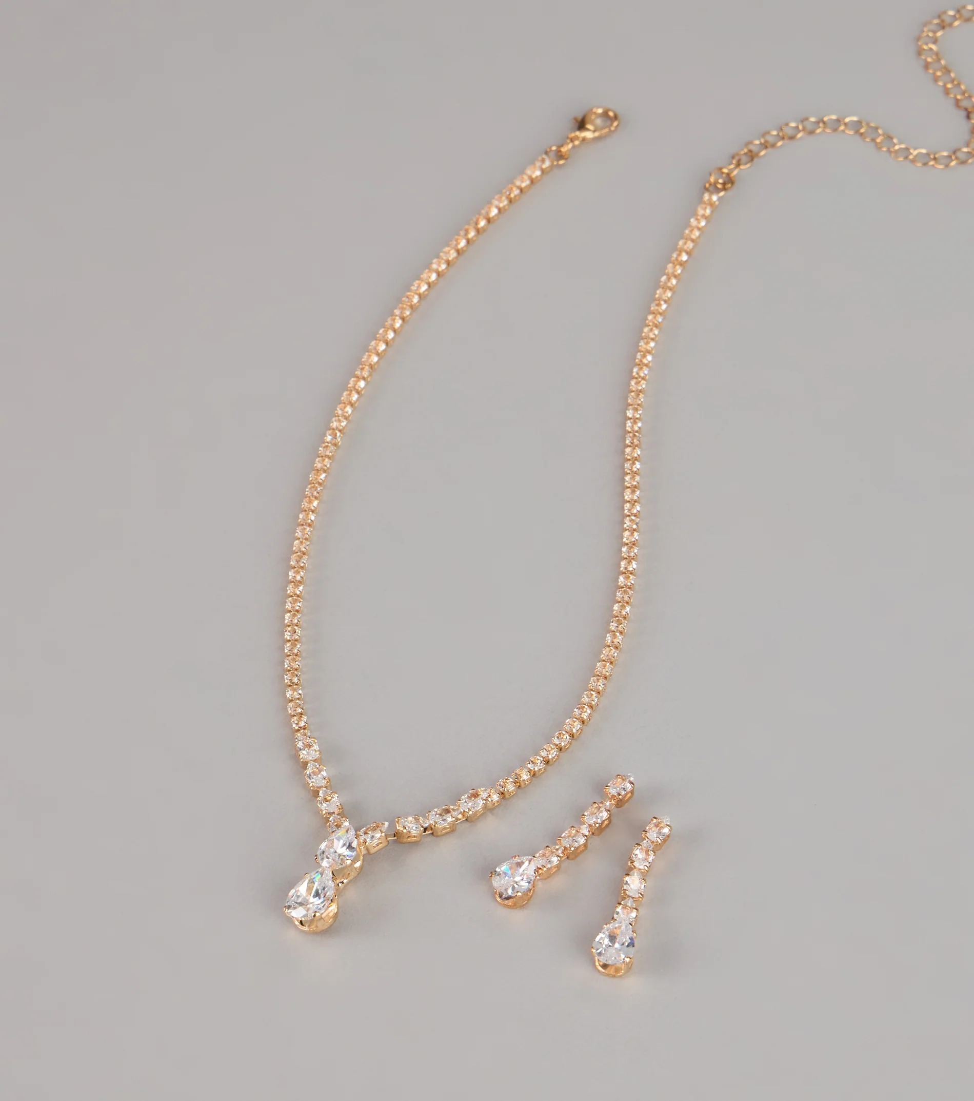 Lux Gold金色水鑽墜飾耳環+項鍊套組