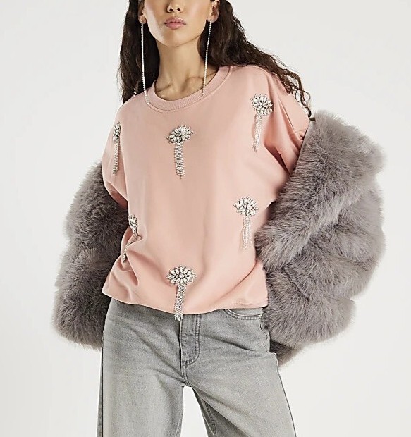 Sweeet Pink粉紅色手工寶石鑽流蘇刷毛Sweatshirt上衣