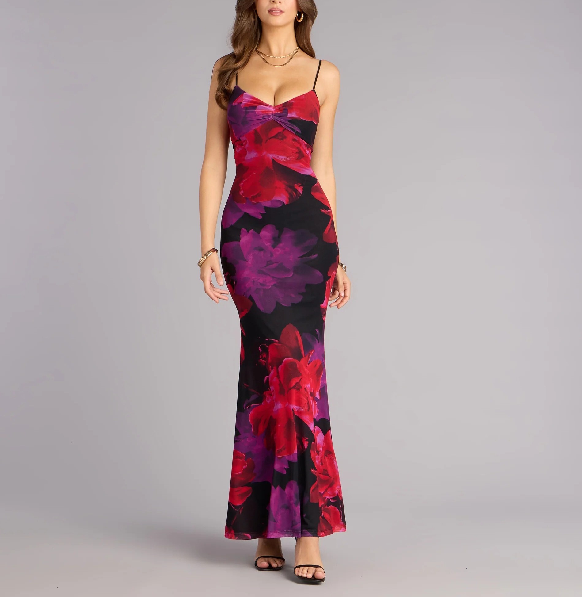 Wild Floral黑紫紅色印花露背網紗Maxi Dress