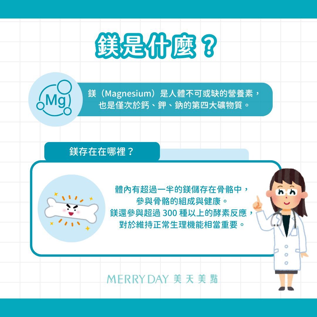  鎂（Magnesium）是人體不可或缺的營養素，也是僅次於鈣、鉀、鈉的第四大礦物質。體內有超過一半的鎂儲存在骨骼中，參與骨骼的組成與健康。  除此之外，鎂還參與超過 300 種以上的酵素反應，對於維持正常生理機能相當重要(1)。