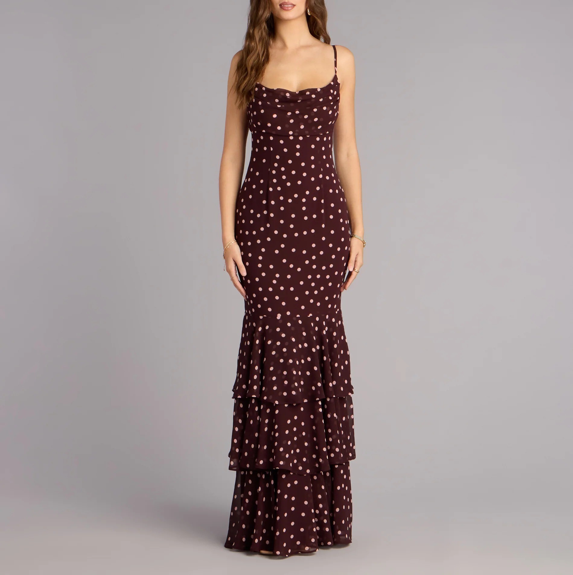 Burgundy酒紅奶油圓點點多層雪紡紗絲巾長洋裝