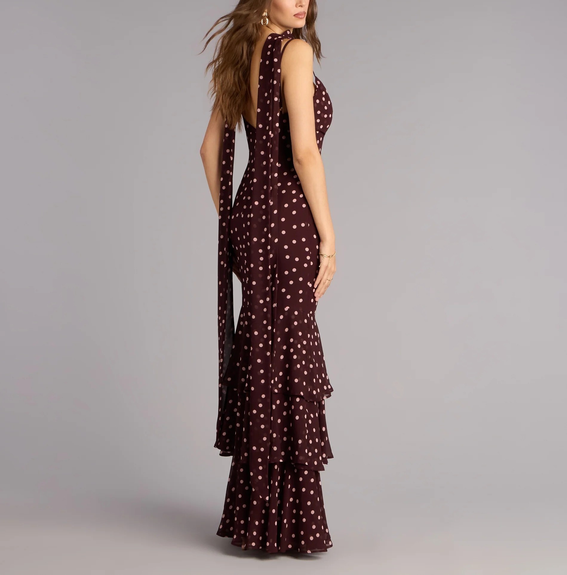 Burgundy酒紅奶油圓點點多層雪紡紗絲巾長洋裝