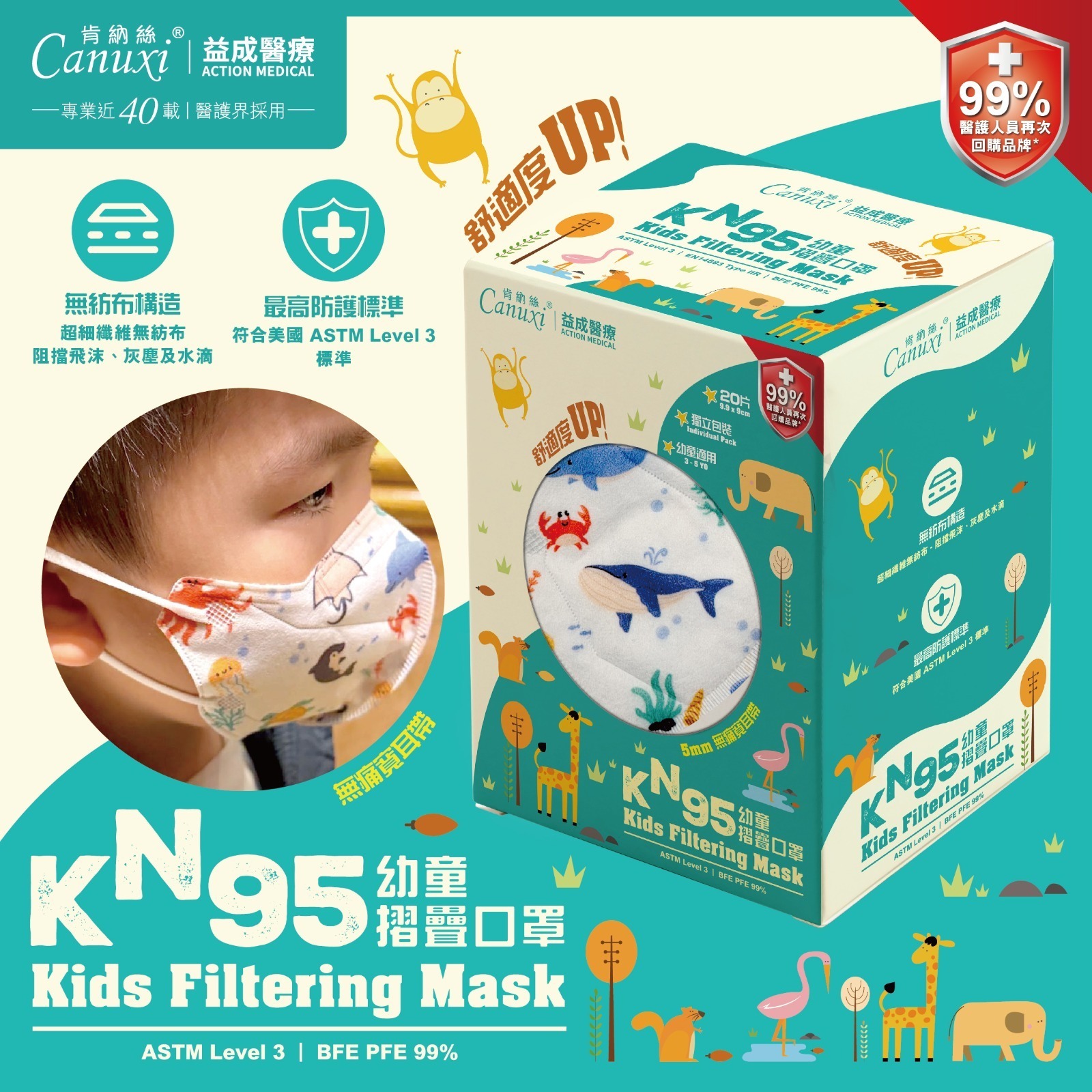 香港製 - Canuxi KN95 高透氣幼童摺疊海洋生物印花口罩 (20片獨立包裝)