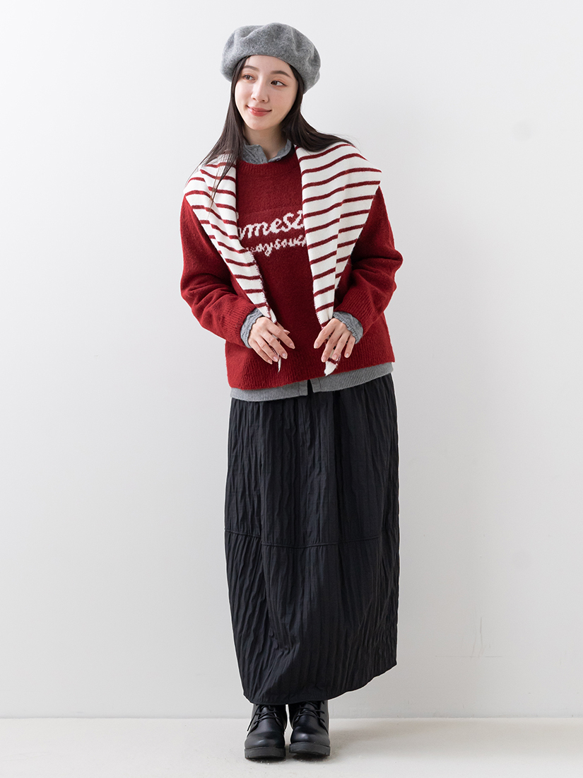 條紋針織上衣蕾絲針織外套鋪棉花苞裙組合