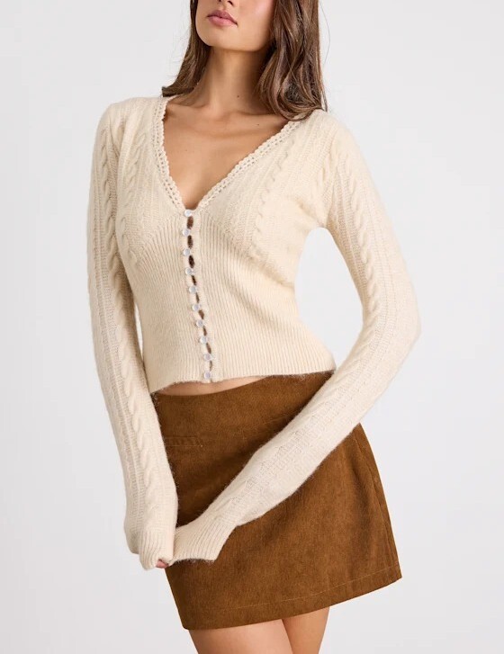 Cream Knit奶油色手勾蕾絲麻花羊毛小外套