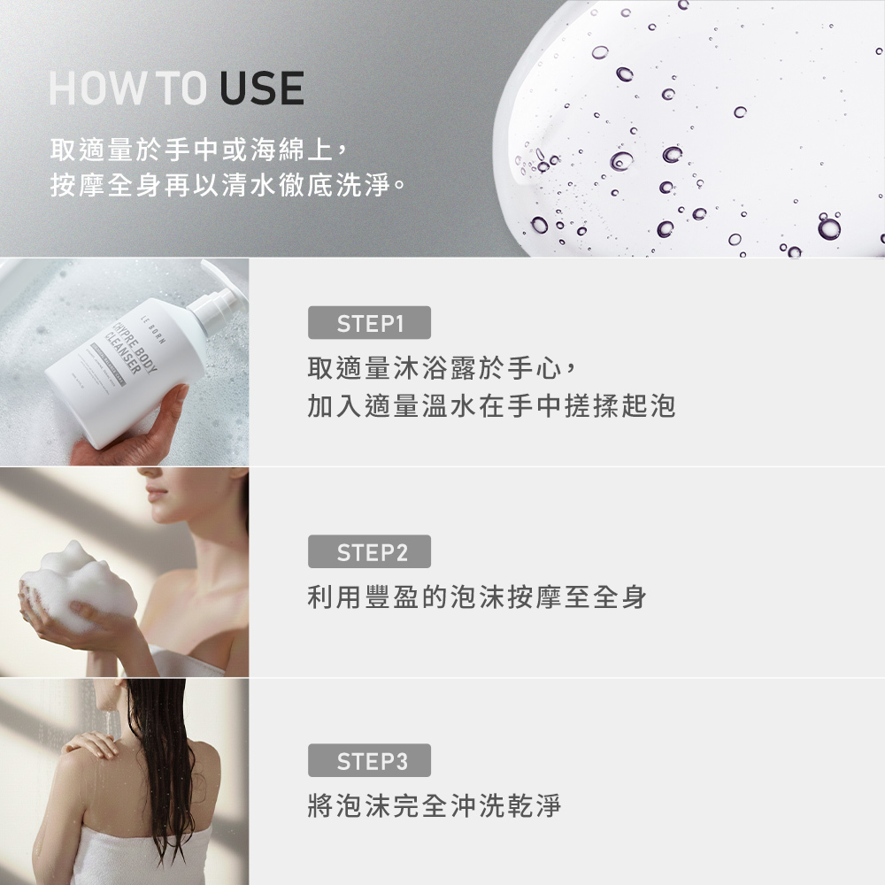 三步驟使用指南圖解。1. 取適量於手心加溫水搓揉起泡;2. 利用豐盈泡沫按摩全身;3. 將泡沫完全沖洗乾淨。配圖展示了沐浴露細緻泡沫的質地與女性沐浴的情境。