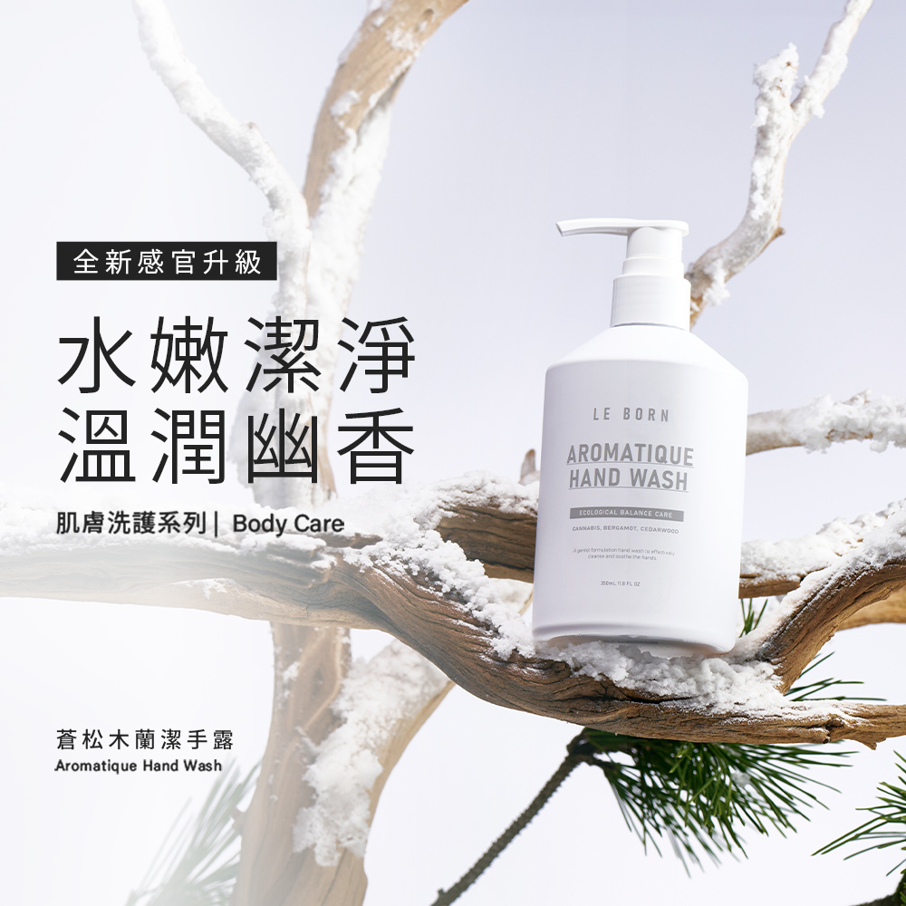LE BORN 蒼松木蘭潔手露(Aromatique Hand Wash)產品形象照。簡約的白色瓶身放置在被白雪覆蓋的漂流木藝術裝置上,背景為純淨的白色與淡藍色調。左側標題強調「水嫩潔淨、溫潤幽香」,呈現冬季靜謐、純淨的感官氛圍。