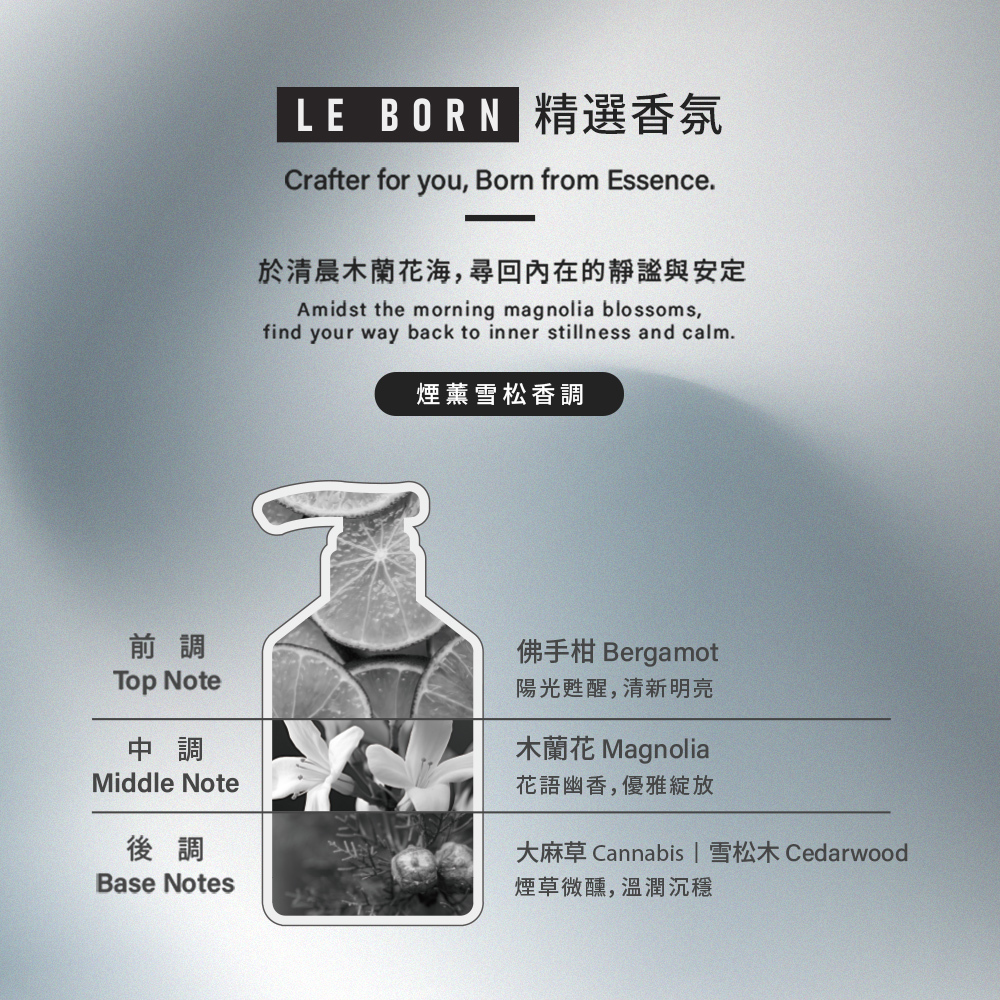 「煙薰雪松香調」詳細介紹圖。以瓶身輪廓標示香氛層次:前調為佛手柑(清新明亮)、中調為木蘭花(優雅綻放)、後調為大麻草與雪松木(煙薰溫潤)。描述詞為「於清晨木蘭花海,尋回內在的靜謐與安定」。