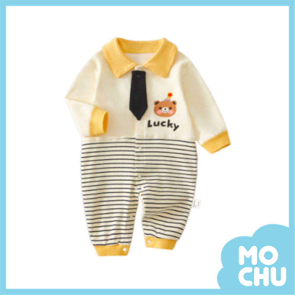 小熊領帶條紋拼接連身衣