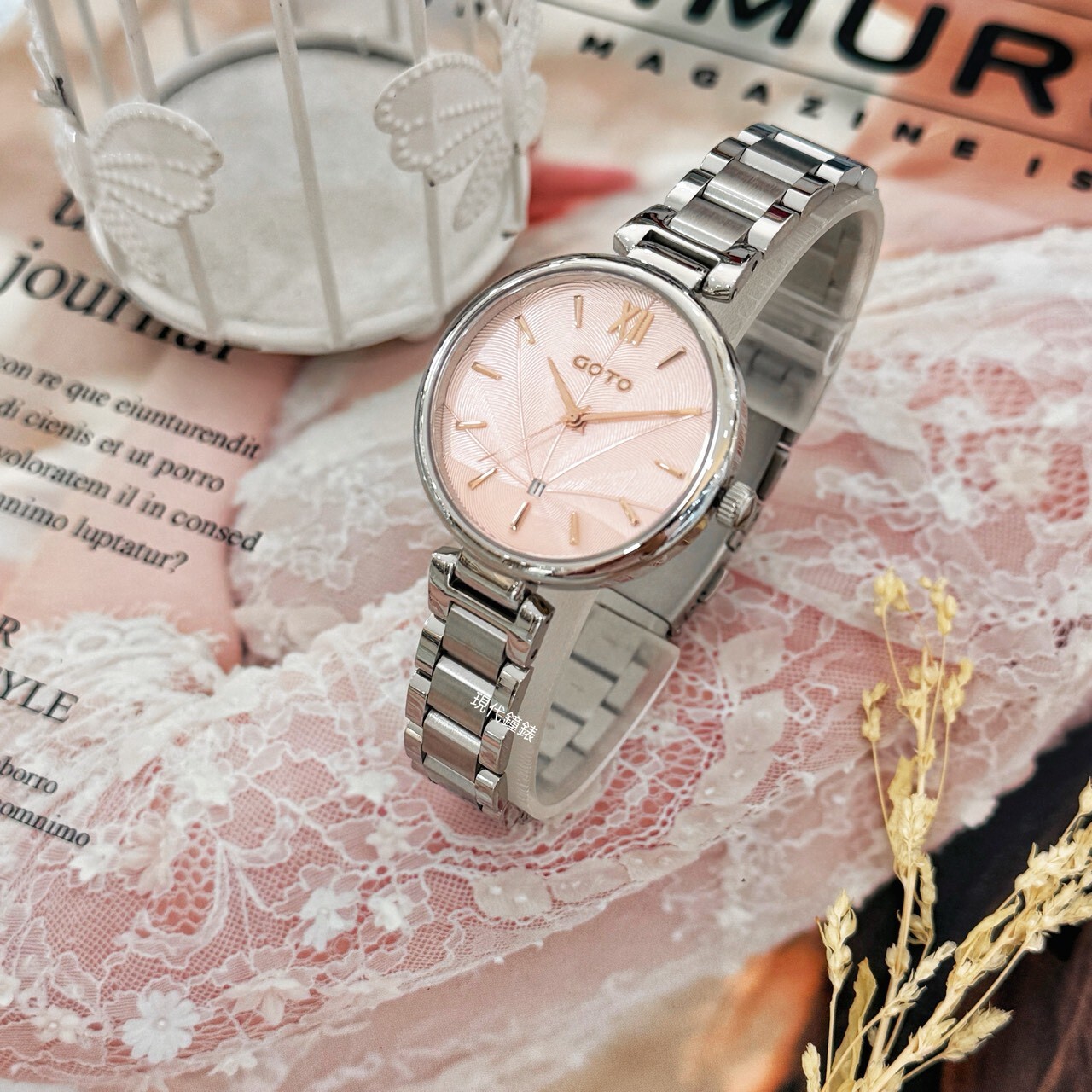 【GOTO】Peacock 孔雀系列-銀色x粉色  GS0098L-2S-841 33mm 現代鐘錶