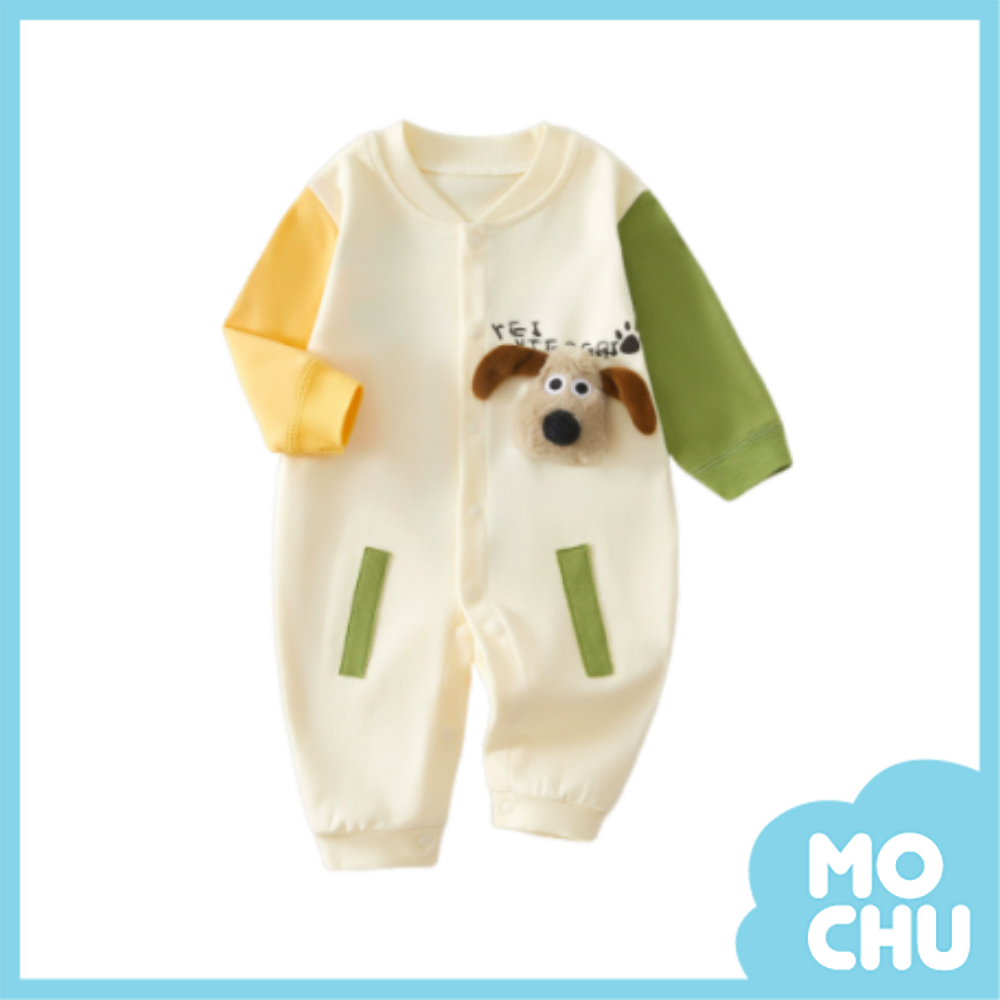口袋狗拼色長袖連身衣