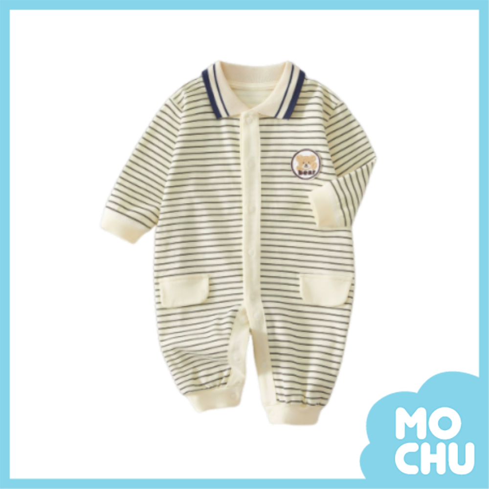 針織領條紋熊長袖連身衣