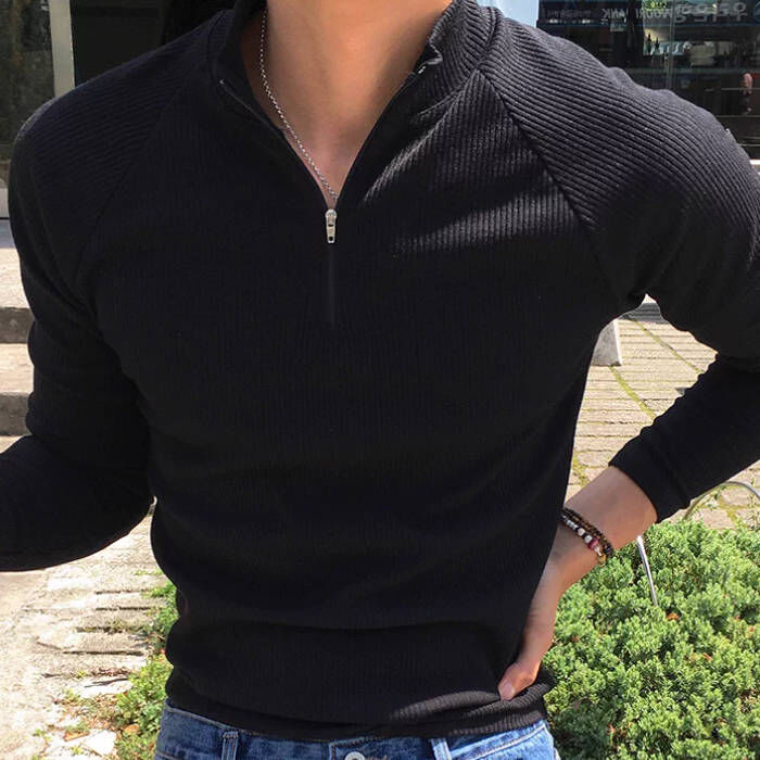 穿這件你超壯，韓男輕熟風緊身顯肌肉半拉鍊長袖T