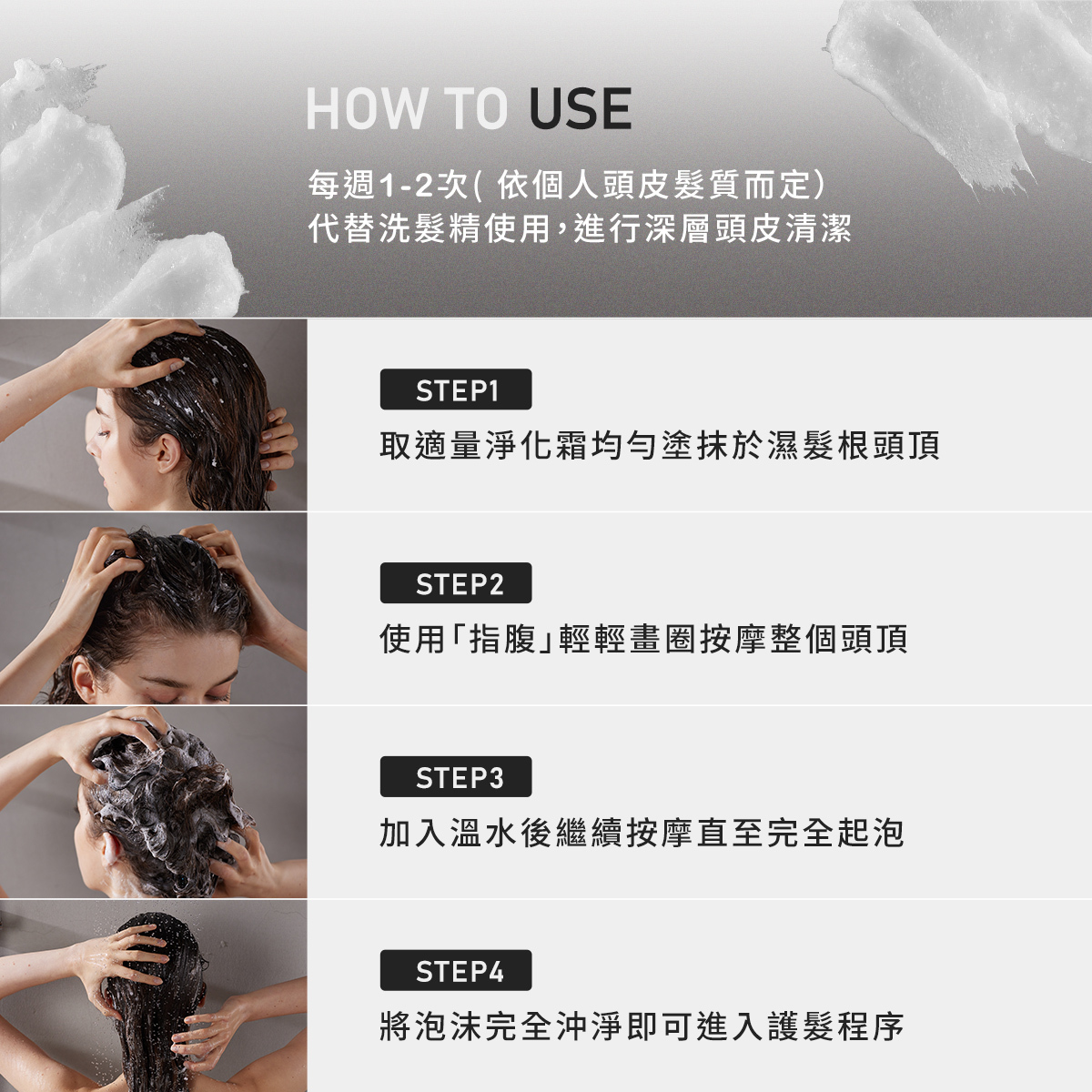 四步驟使用教學圖解。步驟一:取適量均勻塗抹於濕髮根頭頂;步驟二:使用指腹輕輕畫圈按摩;步驟三:加入溫水繼續按摩至起泡;步驟四:沖淨後進入護髮程序。建議每週使用 1-2 次代替洗髮精。
