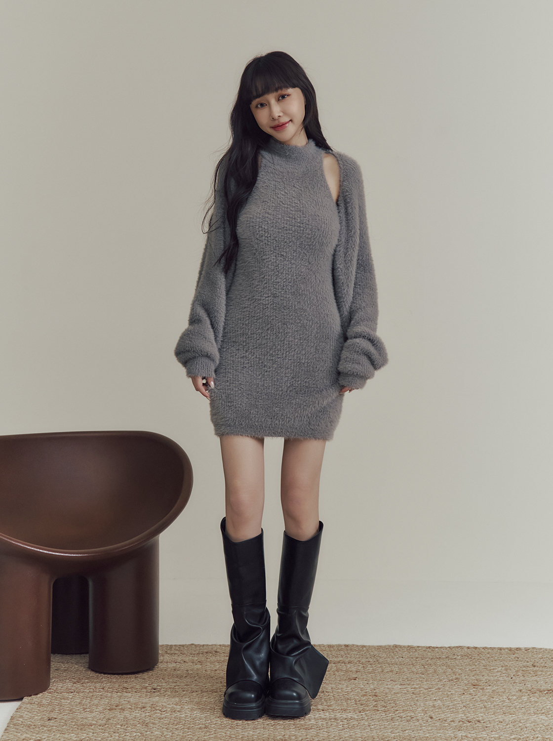 仿貂毛兩件式長袖洋裝