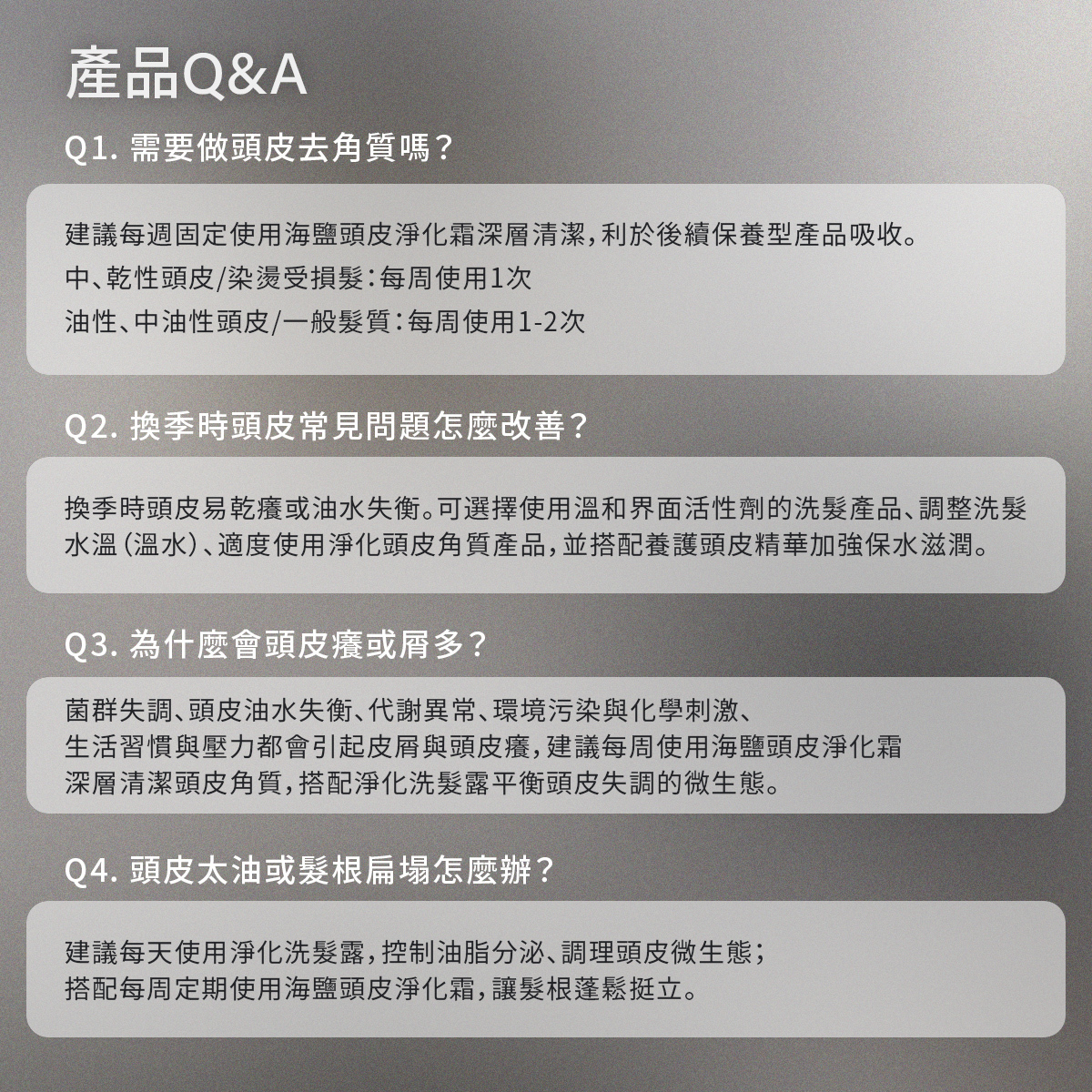 LE BORN 頭皮護理專家 Q&A 列表。針對四大常見問題提供深度解答:1. 頭皮去角質必要性(建議依髮質每週使用 1-2 次海鹽淨化霜);2. 換季頭皮問題改善(選擇溫和產品並搭配頭皮精華);3. 頭皮癢與皮屑原因分析(菌群失調與壓力引起,建議深層清潔);4. 頭皮太油與髮根扁塌對策(每天使用淨化洗髮露控制油脂)。文字排版清晰,採灰色背景塊區隔。