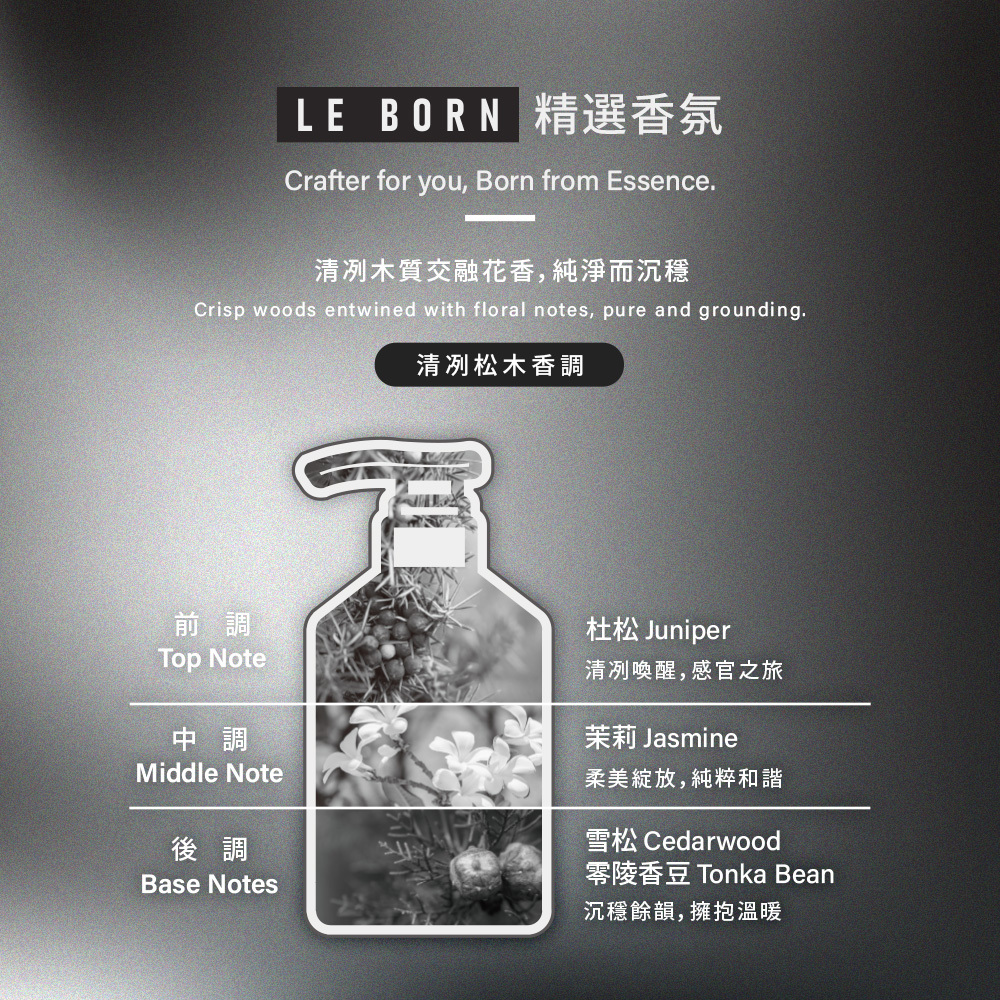 「清冽松木香調」的層次，前調由杜松開啟感官之旅，中調則融合茉莉展現柔美與純粹的和諧感，後調以雪松與零陵香豆營造沉穩且擁抱溫暖的餘韻，呈現出木質交融花香的氣息。