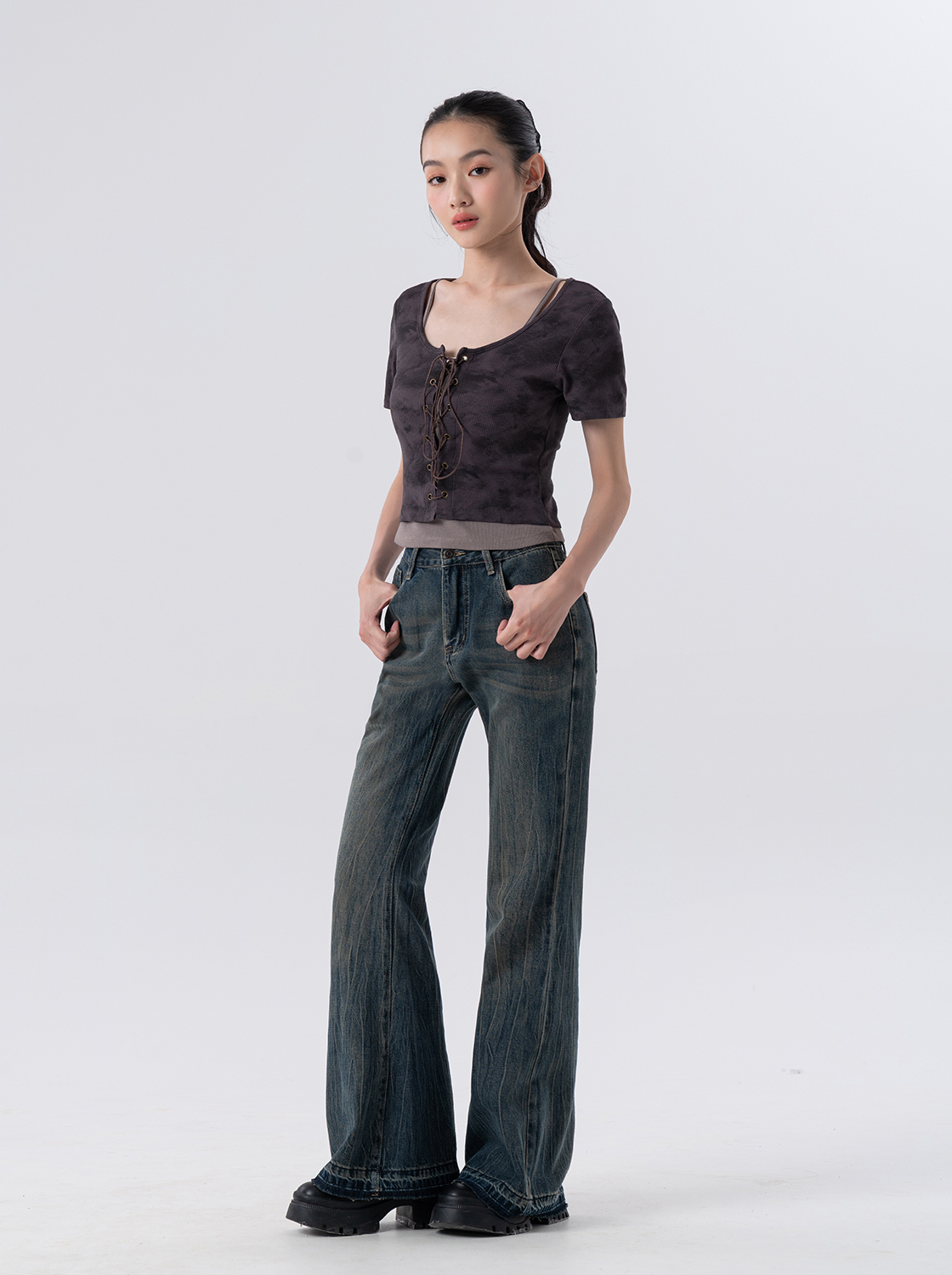 【2件1499】樹枝紋喇叭牛仔長褲