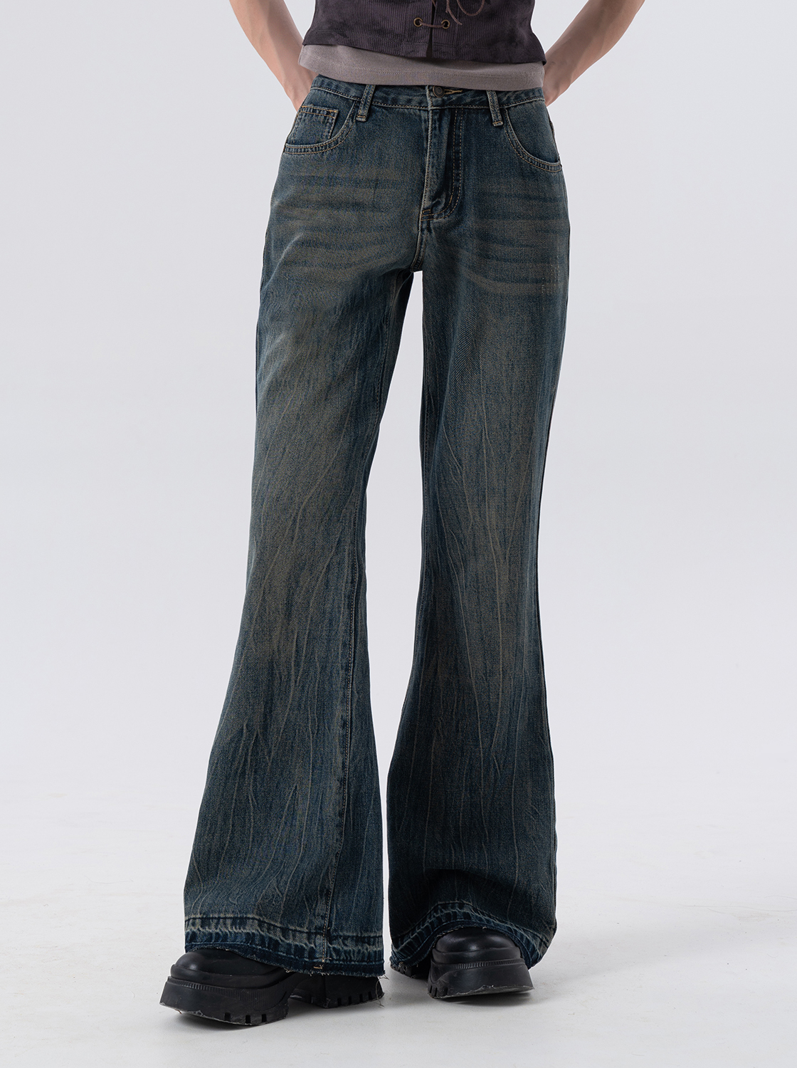 【2件1499】樹枝紋喇叭牛仔長褲