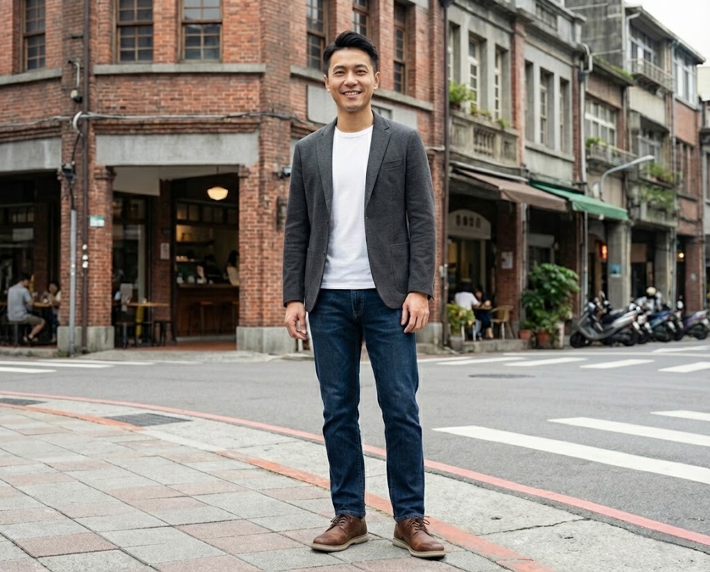 Smart Casual 男生穿搭示範，利用 Sanly Joy 布萊恩真皮休閒鞋，平衡西裝外套與牛仔褲，展現微正式風格。
