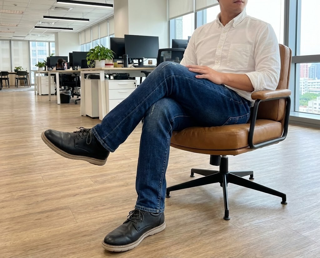 黑色皮鞋搭配牛仔褲穿搭教學，Sanly Joy 布萊恩黑色真皮鞋打造俐落職場 Smart Casual 風格，專業又不失休閒感。