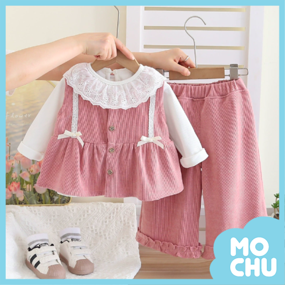 蕾絲圓領坑條三件組套裝(二色)