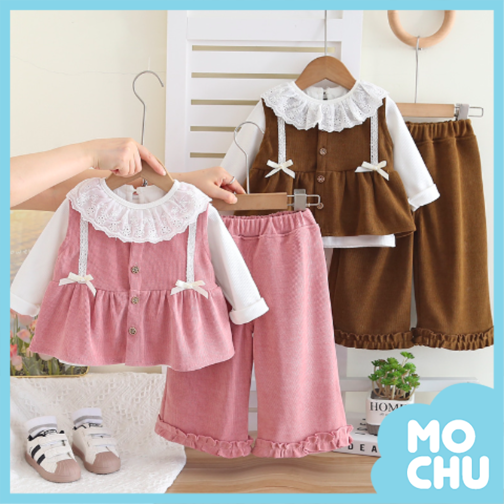 蕾絲圓領坑條三件組套裝(二色)