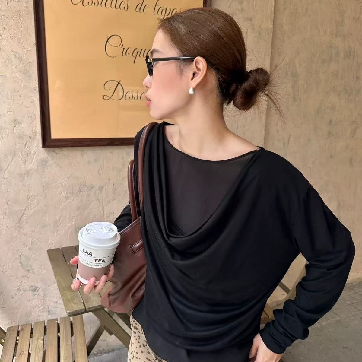 890 天絲法式盪領假兩件上衣