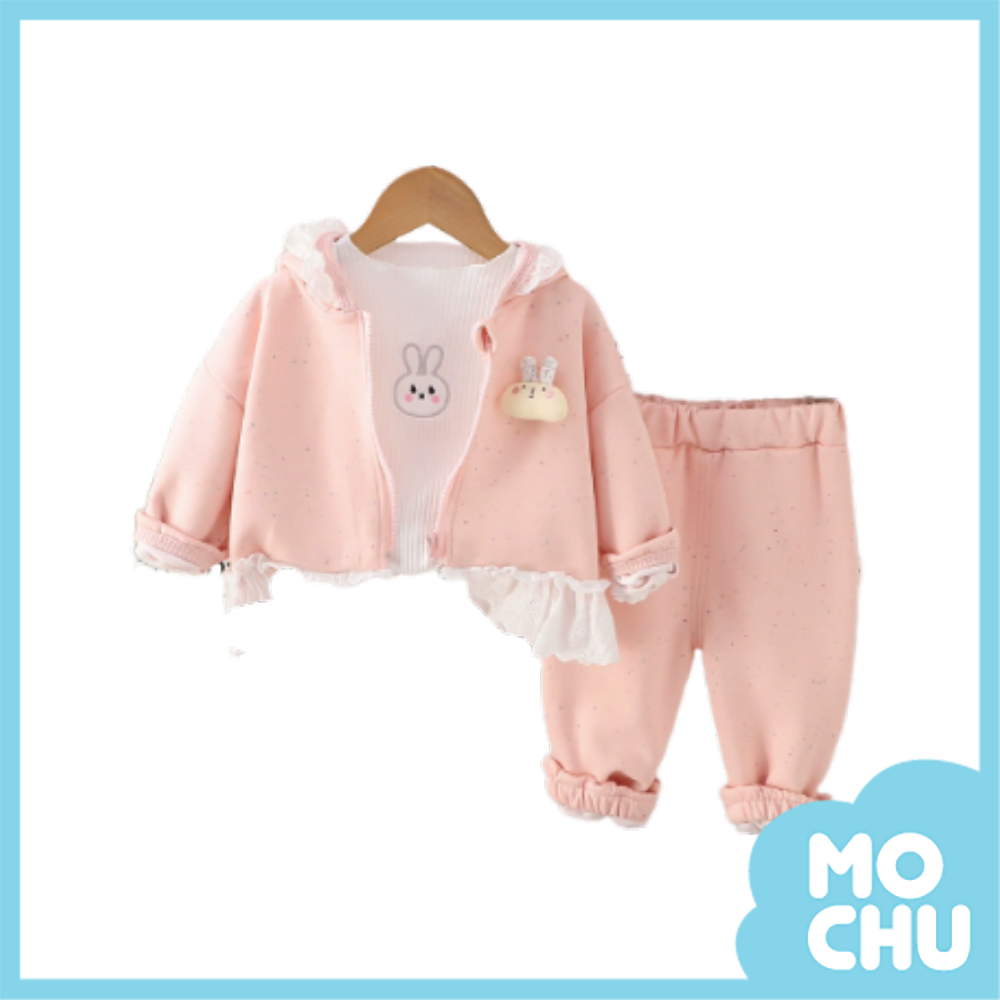 小兔彩點滾邊蕾絲連帽套裝(二色)