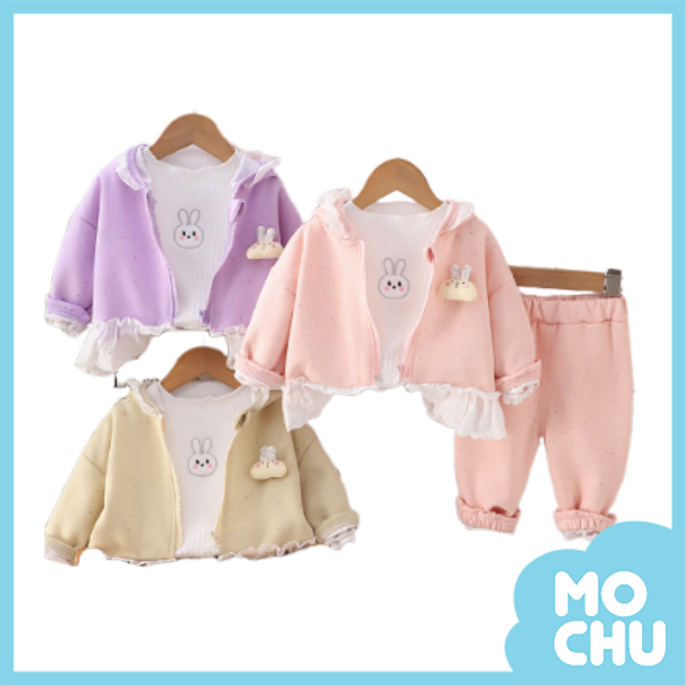 小兔彩點滾邊蕾絲連帽套裝(二色)