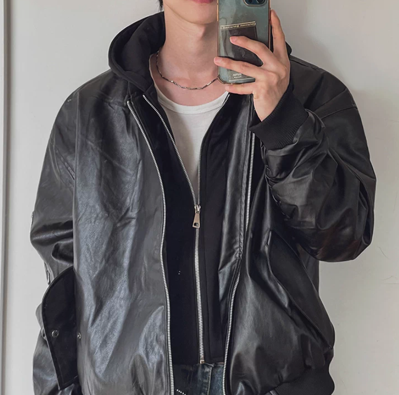 韓版復古亮面PU皮衣飛行員夾克外套