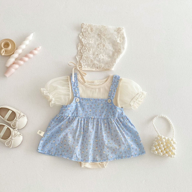 澎袖包屁衣+藍色碎花吊帶裙(80)