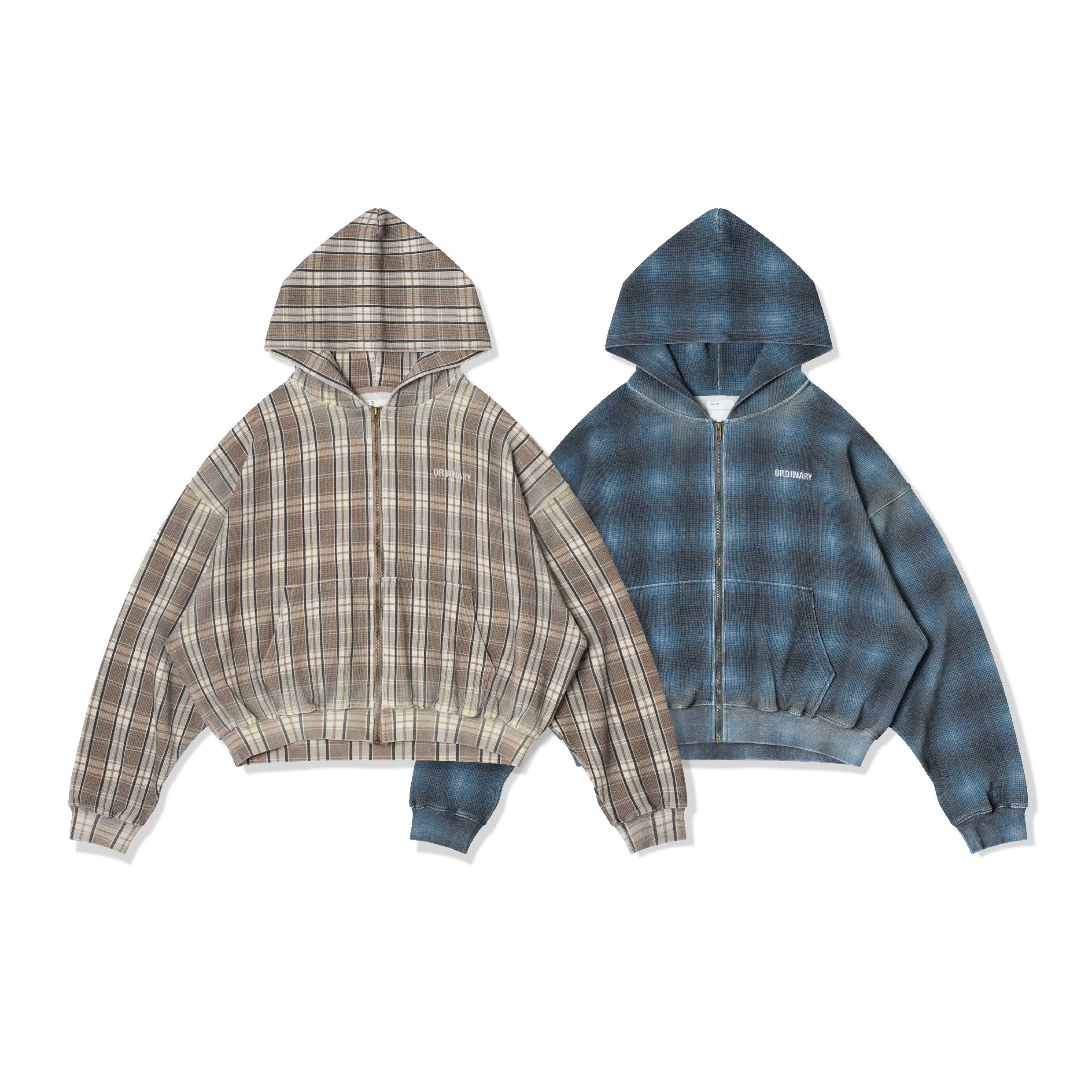 ORDINARY Washed Plaid Zip Hoodie 格紋水洗 華夫格連帽外套