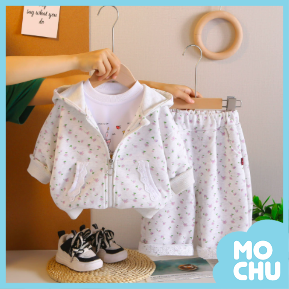 小碎花滾邊蕾絲連帽套裝(三色)