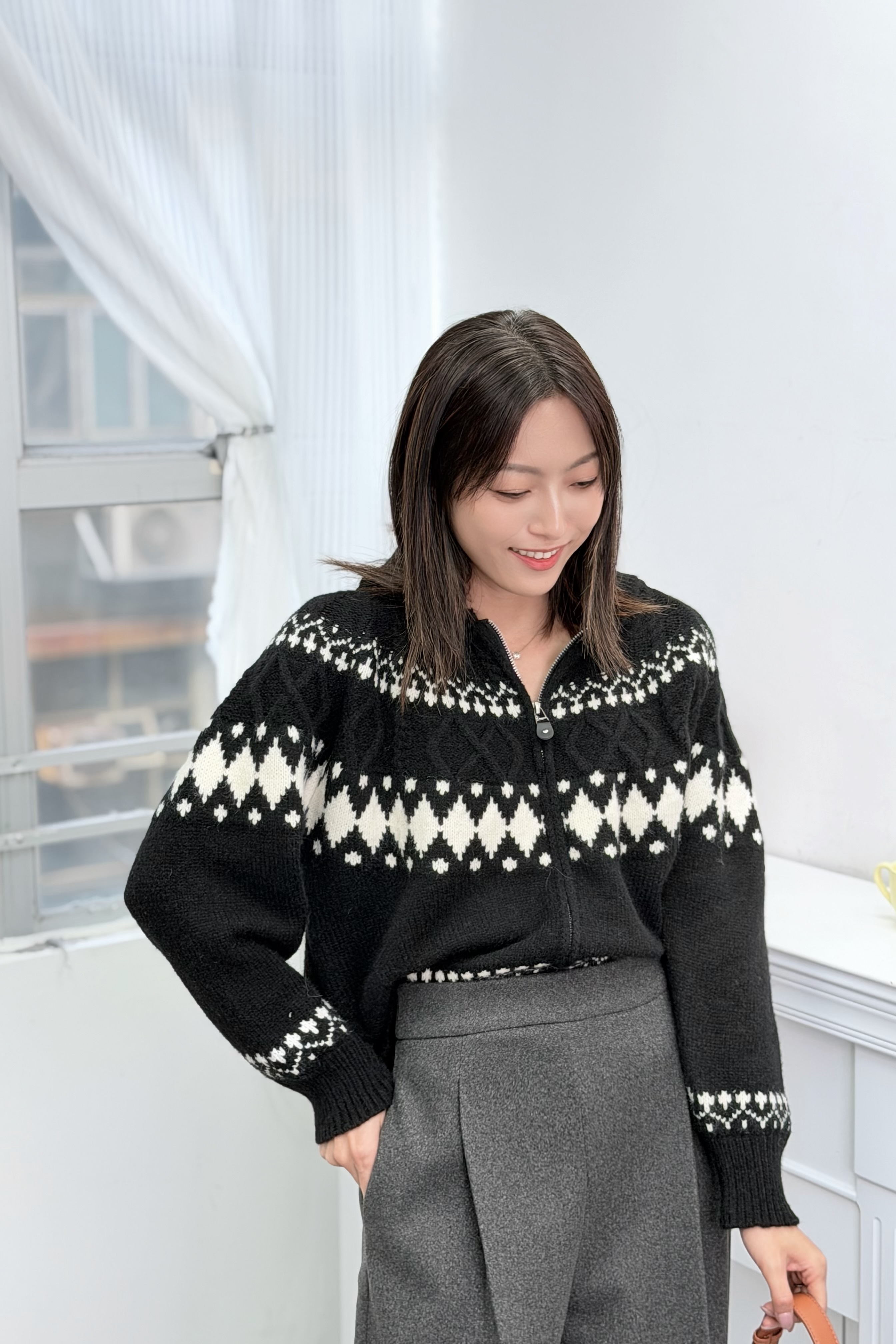 H1026🤎費爾島提花翻領拉鍊針織外套