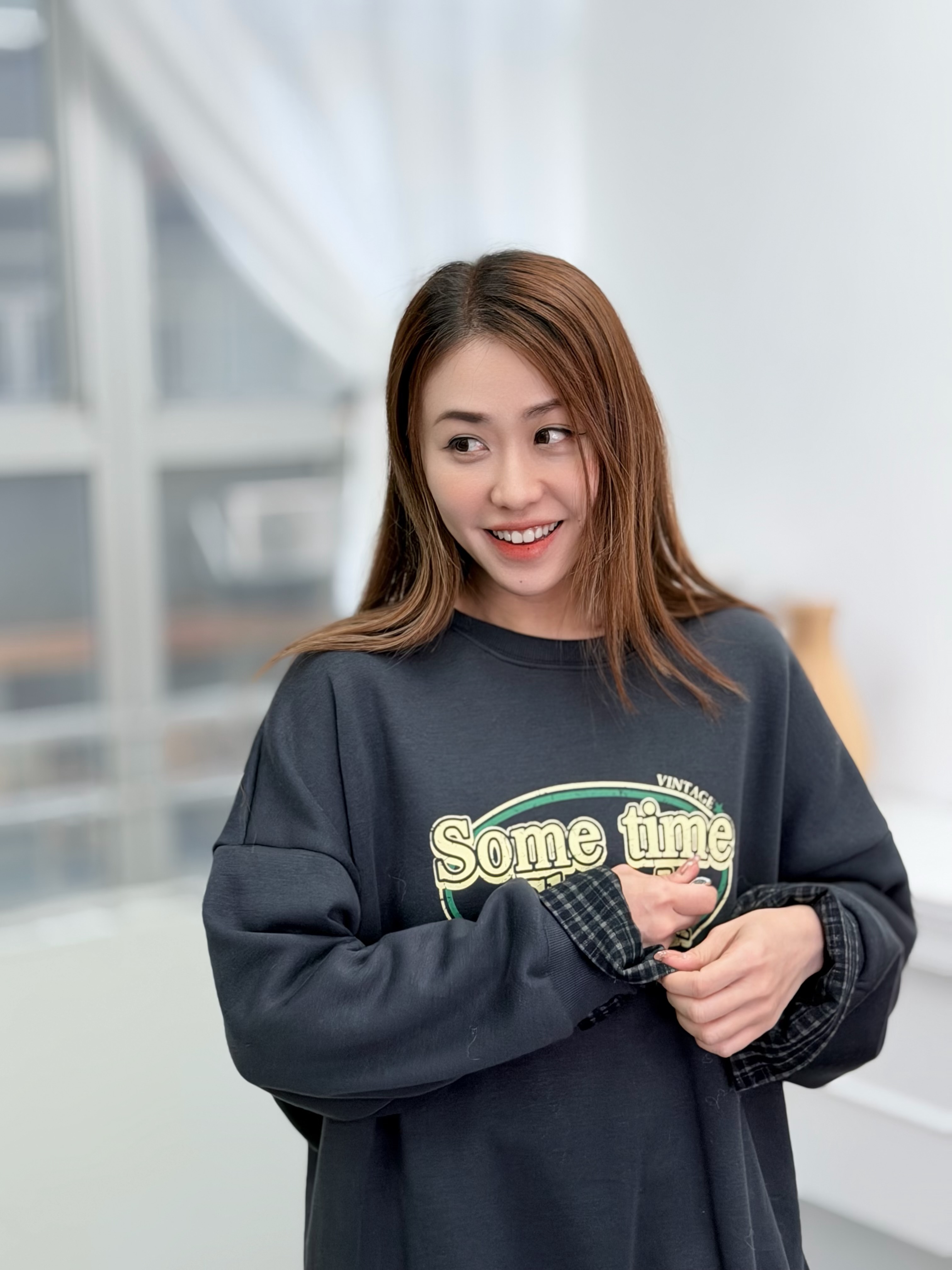 H1027🤎格紋拼接假兩件衛衣