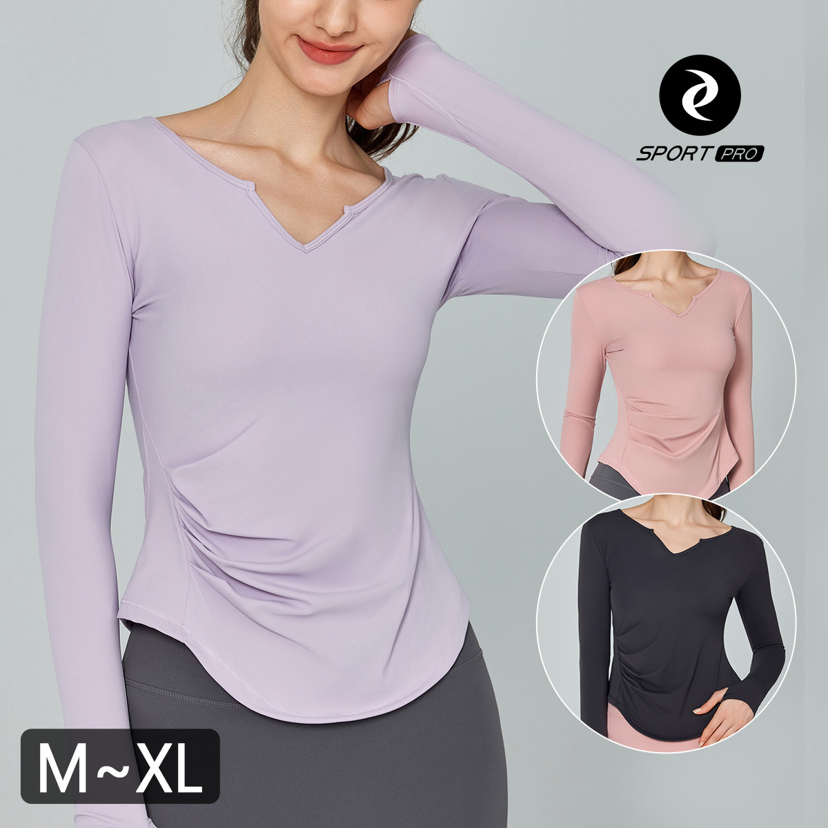 V領抓皺插指瑜珈/運動/機能長袖