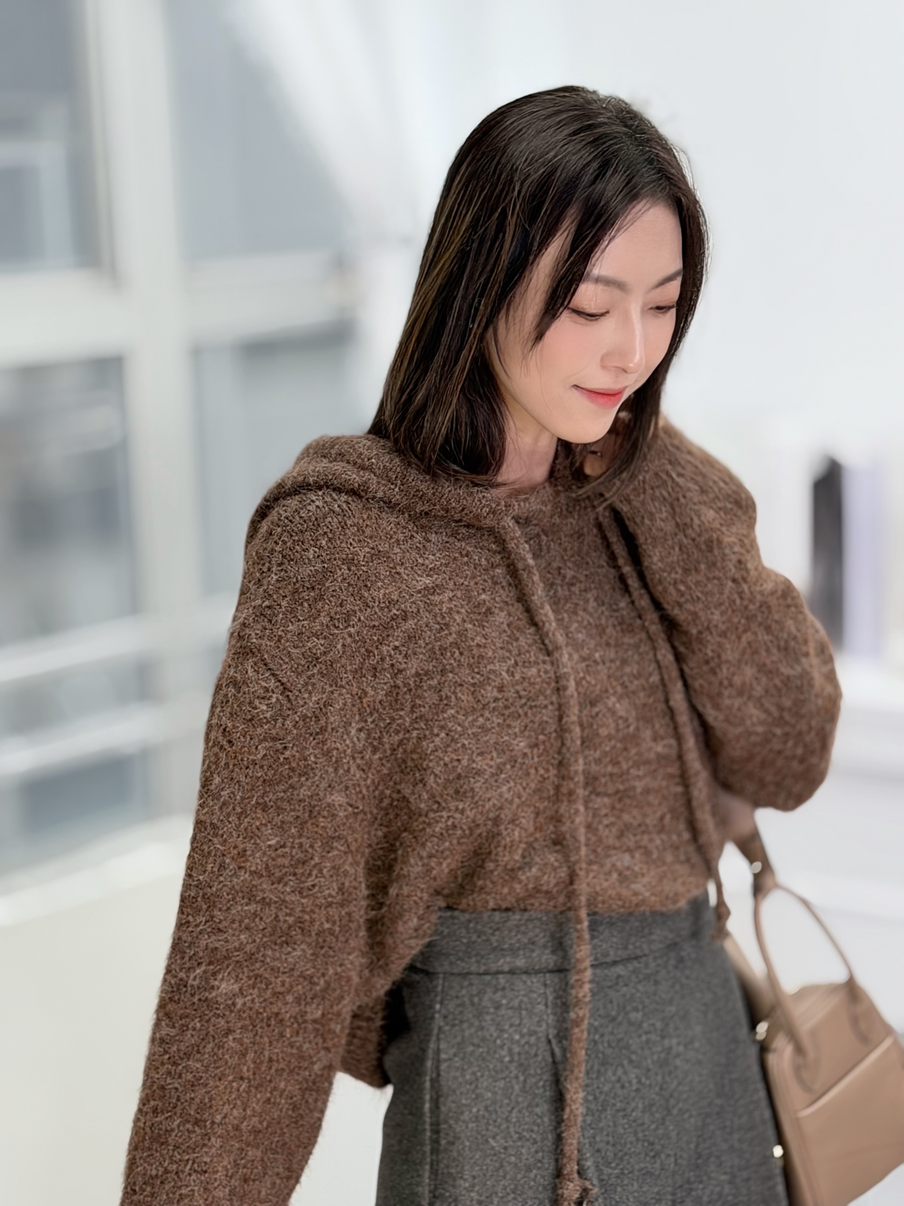 H1032🤎毛絨抽繩連帽針織上衣