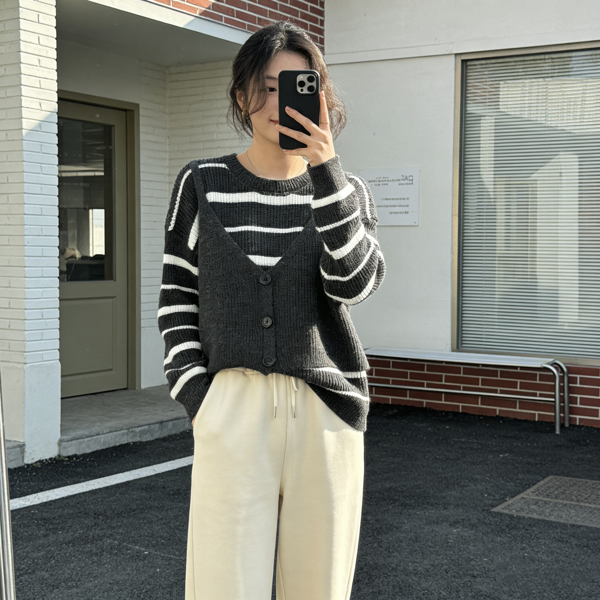 H1033🤎條紋假兩件上衣