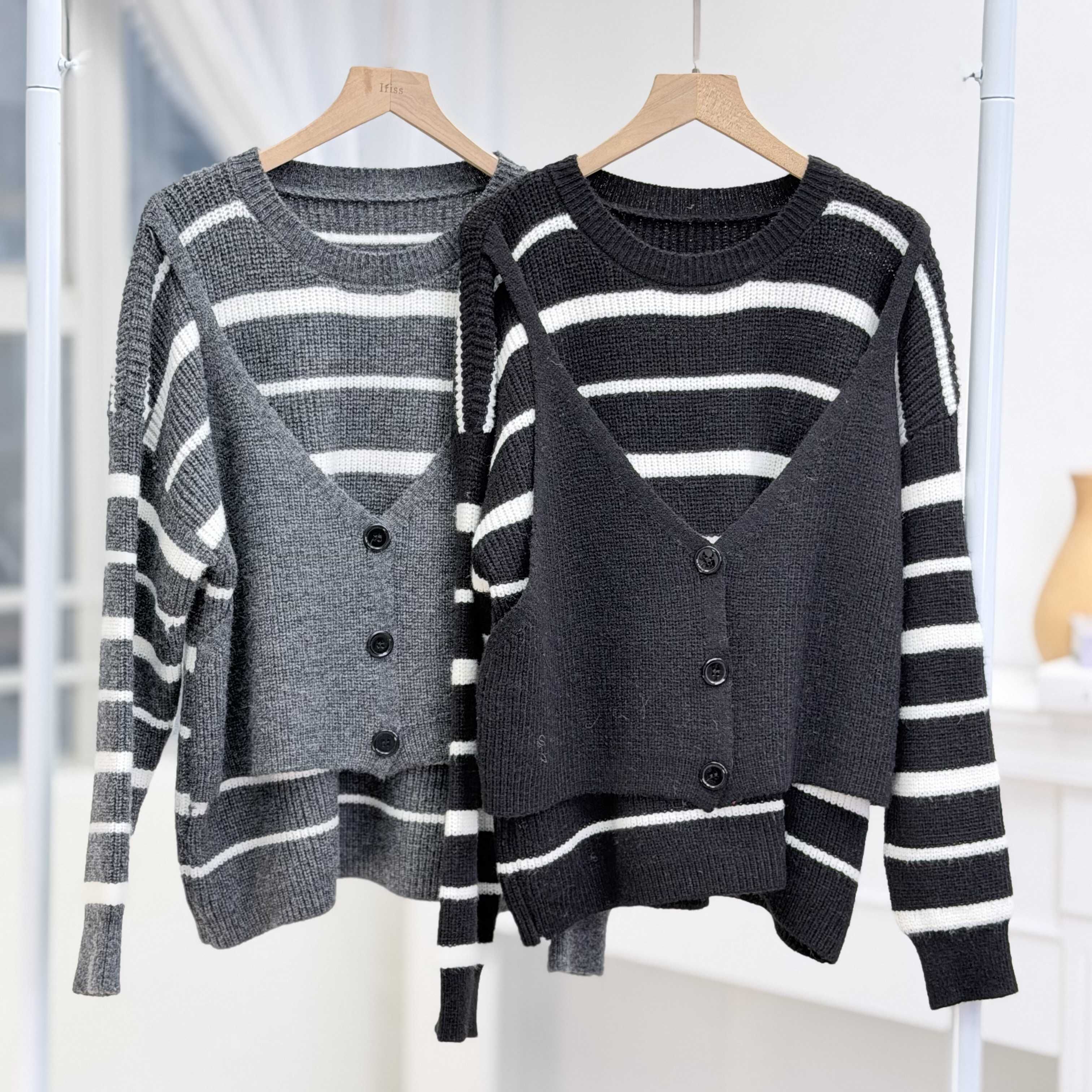 H1033🤎條紋假兩件上衣