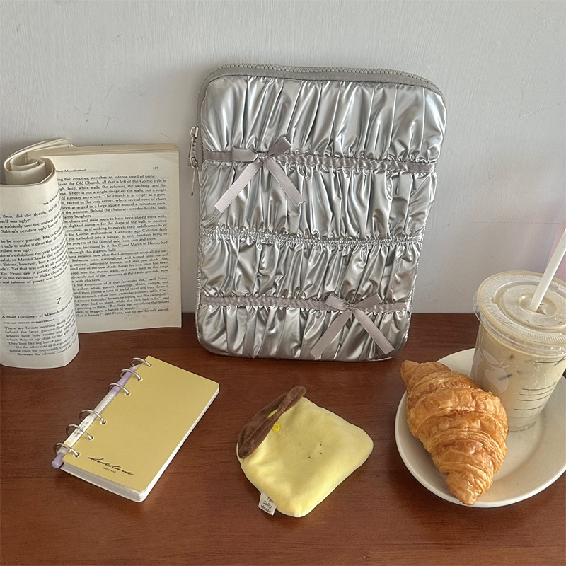 《6571》ins風刺繡褶皺蝴蝶結造型平板/電腦包