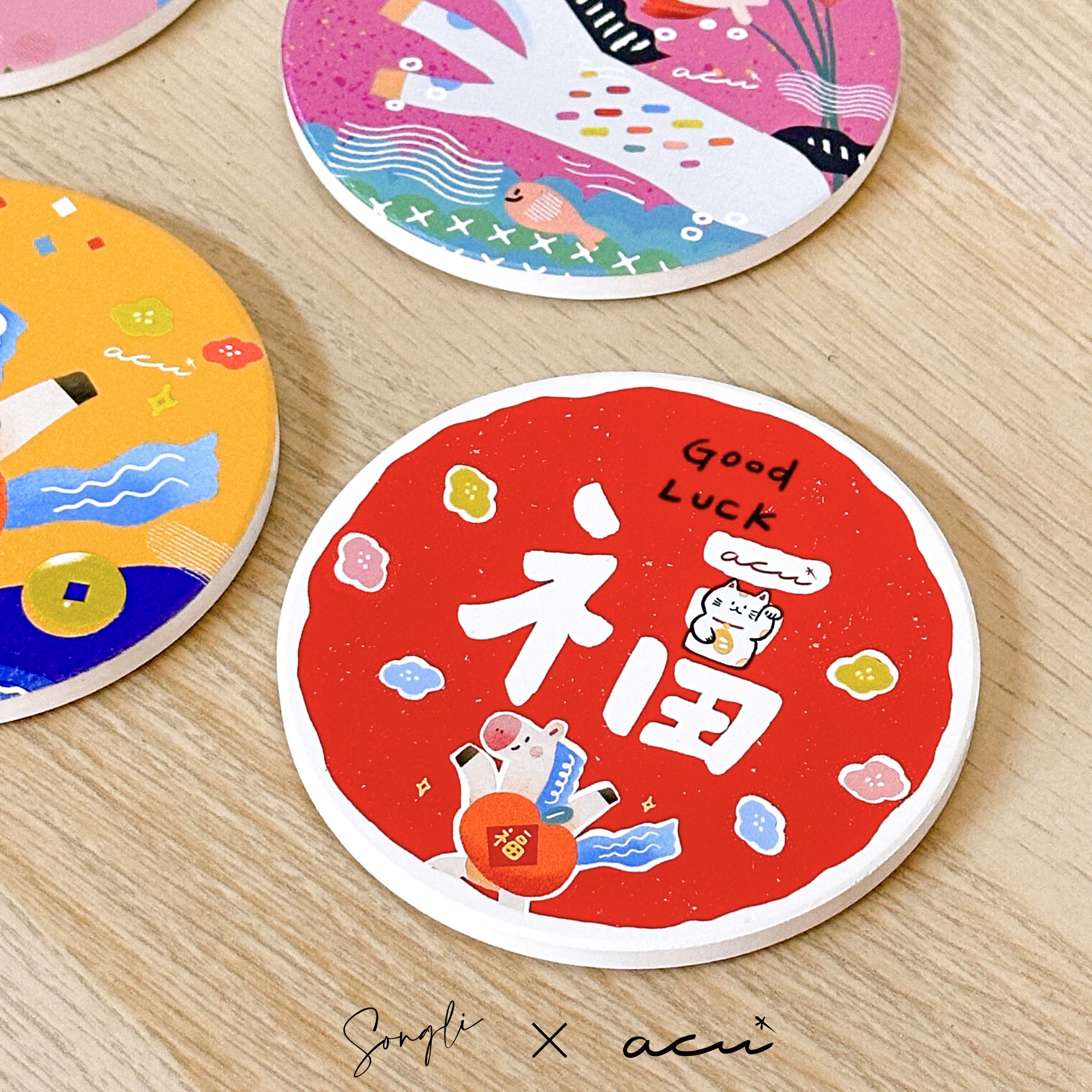 【馬上開心】陶瓷吸水杯墊/一組5入/5款馬年系列x可愛又華麗X一次通通收藏