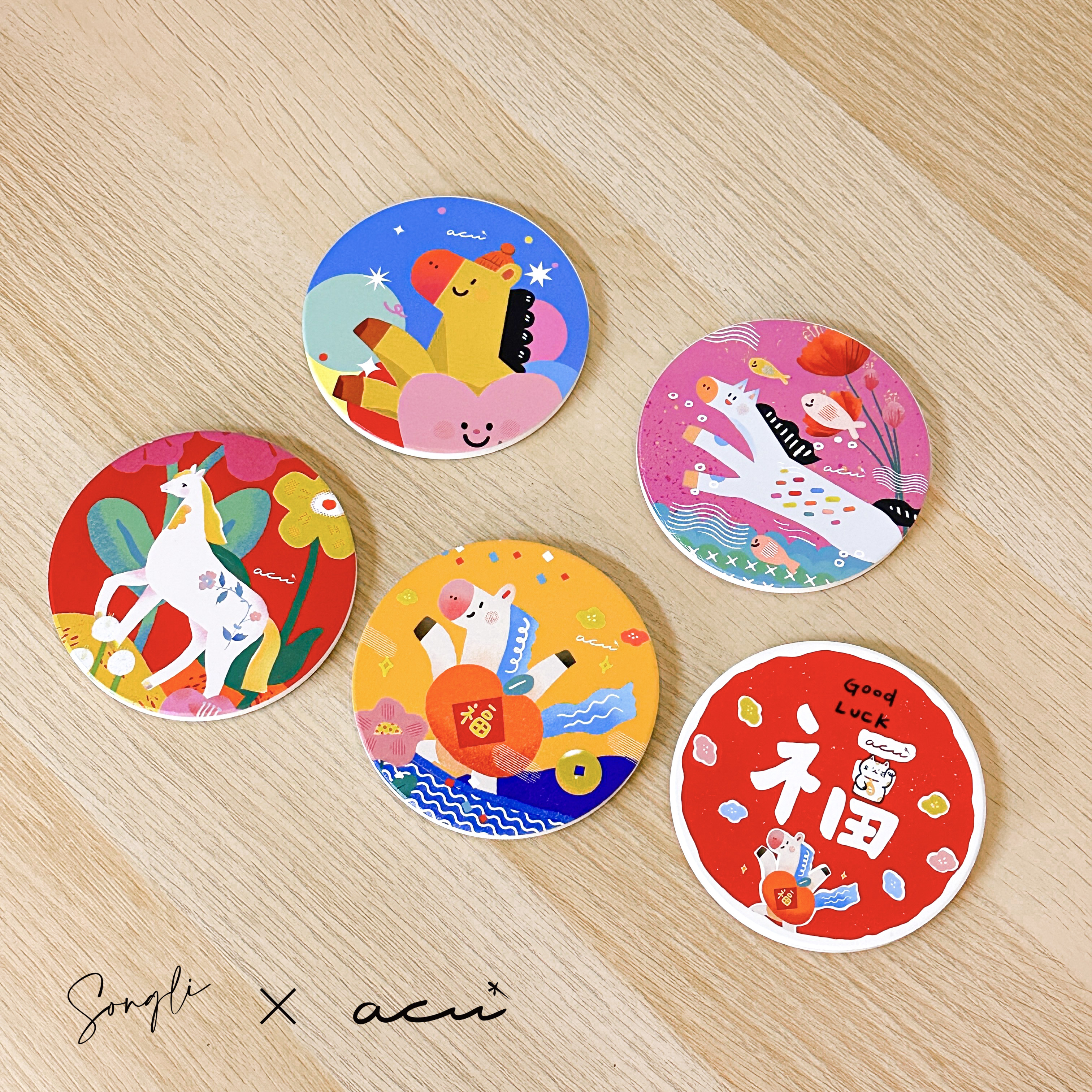 【馬上開心】陶瓷吸水杯墊/一組5入/5款馬年系列x可愛又華麗X一次通通收藏