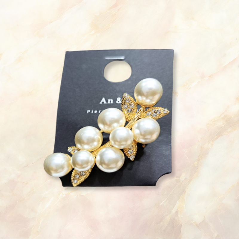 韓國直送手工胸針 排列大小珍珠滿鋯枝葉 2色