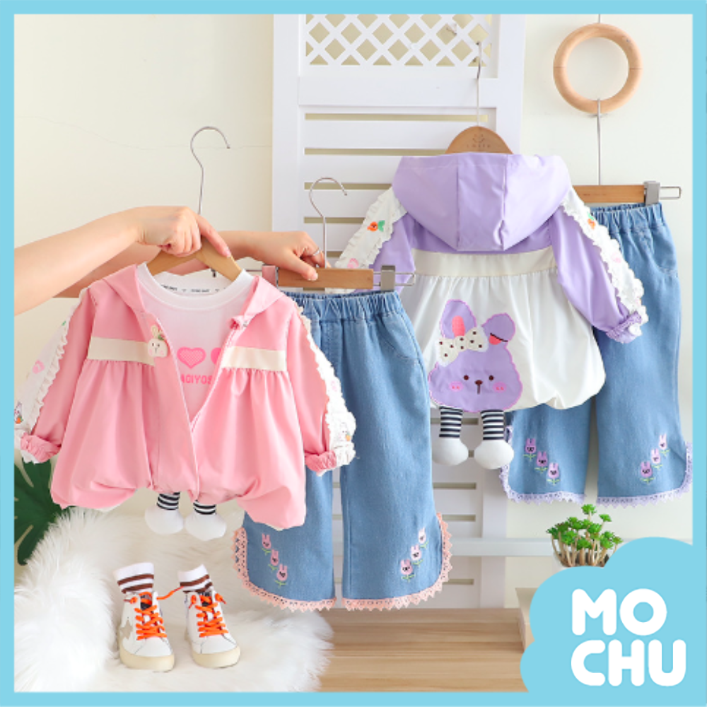 小兔頭澎澎風衣牛仔套裝(二色)