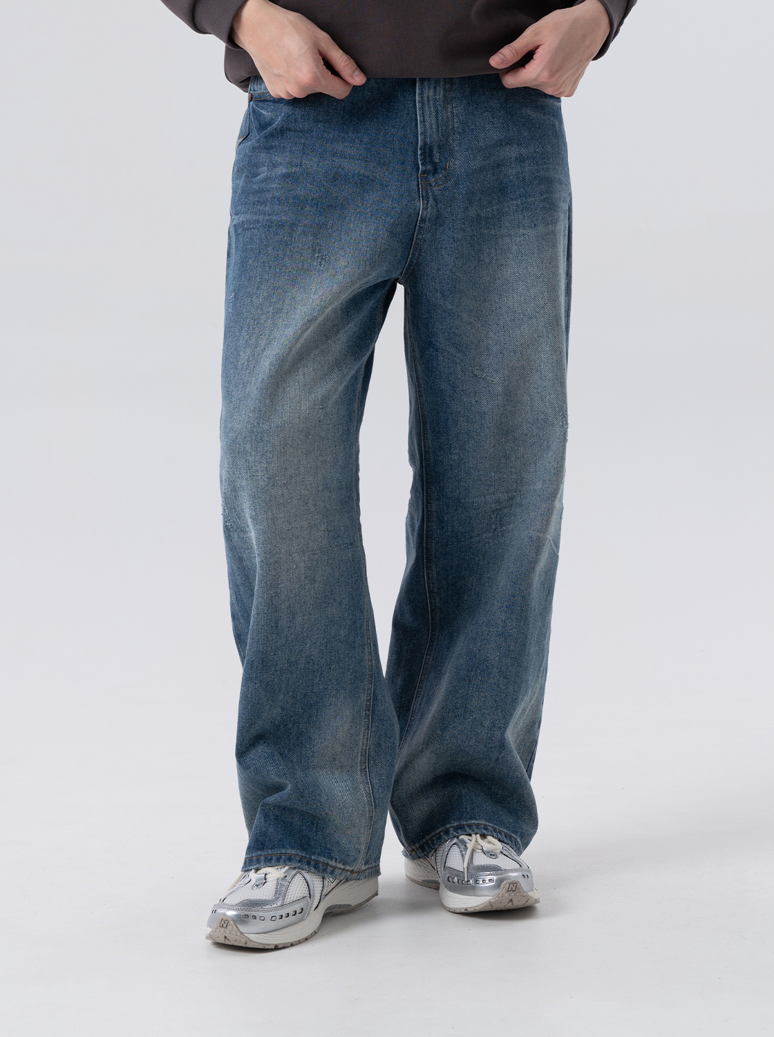 【期間限定】立體貓鬚寬鬆直筒牛仔褲