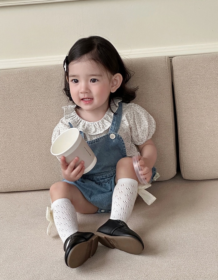 碎花泡泡袖內搭衣+牛仔吊帶包屁衣(66-90)